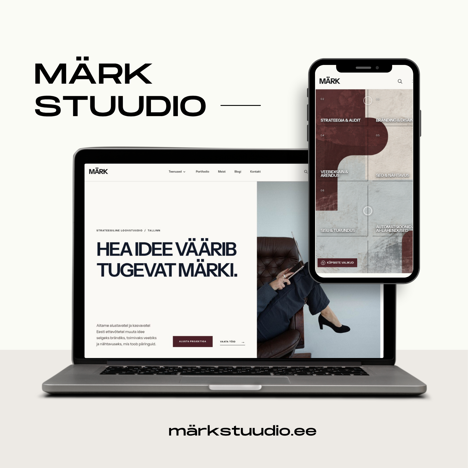 Märk Stuudio veebidisaini ja visuaalse identiteedi mockup